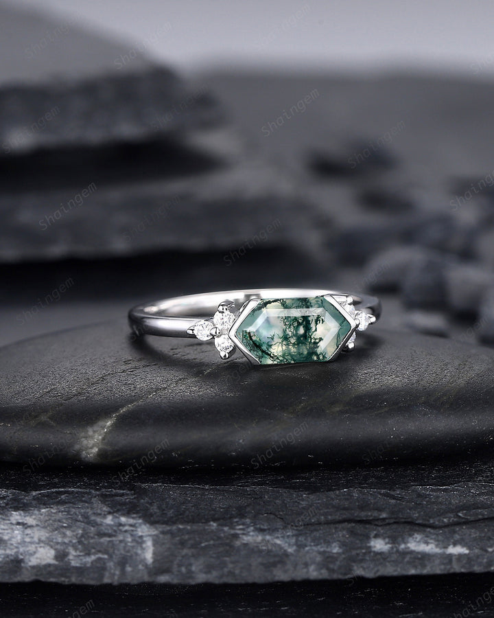 Vintage Hexagon Cut Moss Agate Cluster Engagement Ring, Sterling Silver Promise Ring 14K White Gold Wedding Ring Anniversary Gift for Women - ShainJewelry