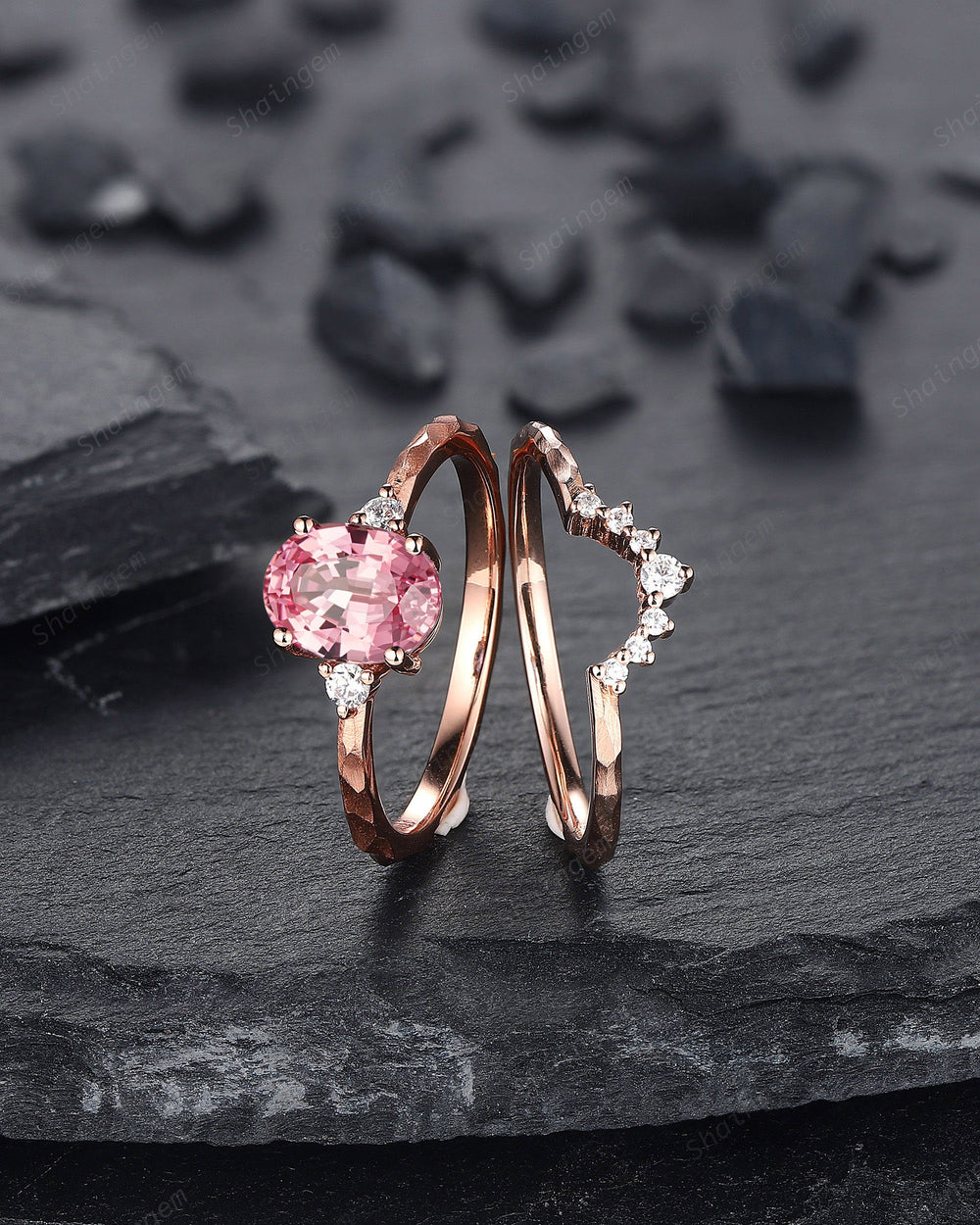 Unique Hammered Pink Sapphire Diamond Engagement Ring Set, Hand Forged 14K 18K Rose Gold Oval Shape Sapphire Bridal Set Promise Ring Gift - ShainJewelry