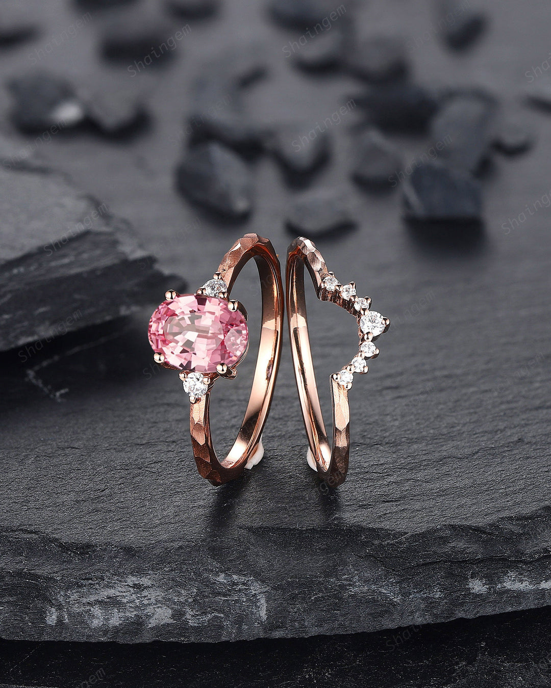 Unique Hammered Pink Sapphire Diamond Engagement Ring Set, Hand Forged 14K 18K Rose Gold Oval Shape Sapphire Bridal Set Promise Ring Gift - ShainJewelry