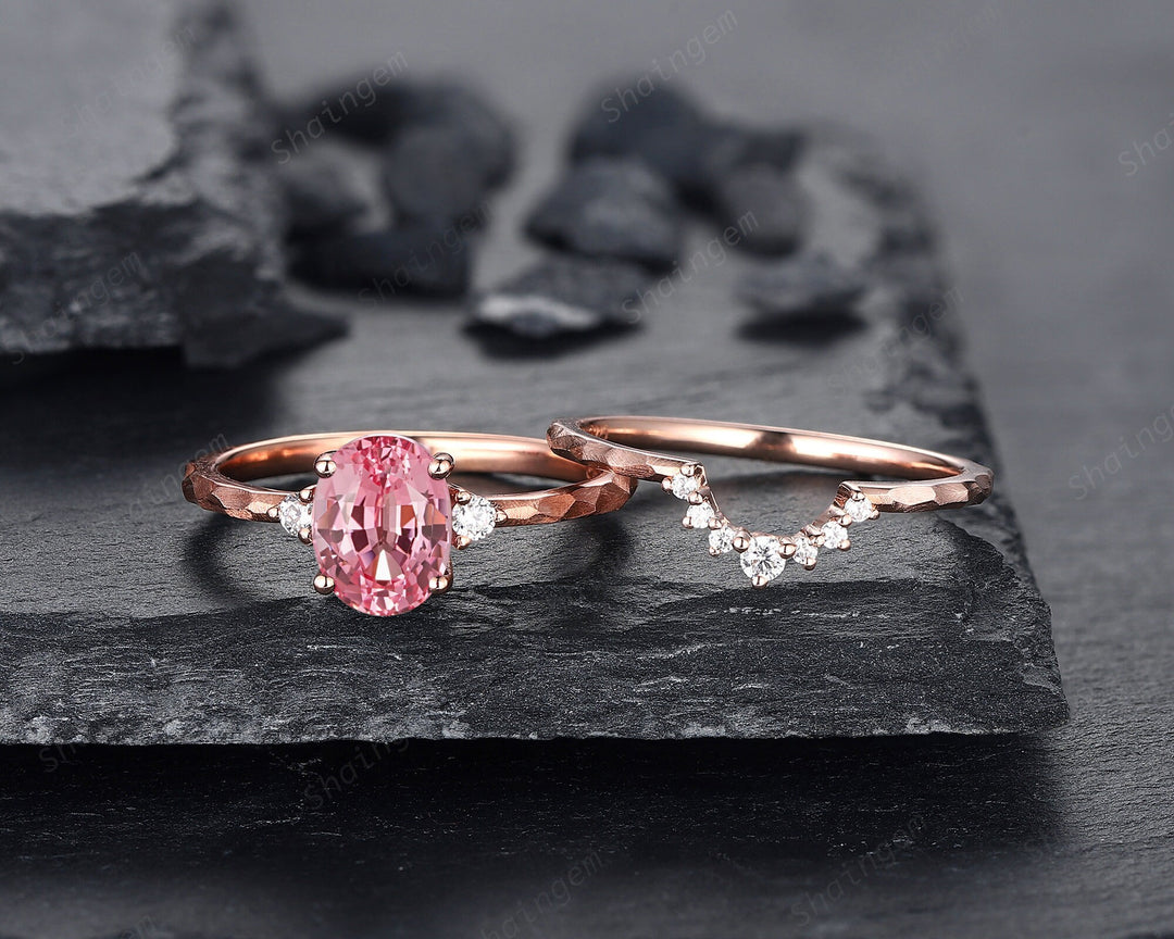 Unique Hammered Pink Sapphire Diamond Engagement Ring Set, Hand Forged 14K 18K Rose Gold Oval Shape Sapphire Bridal Set Promise Ring Gift - ShainJewelry