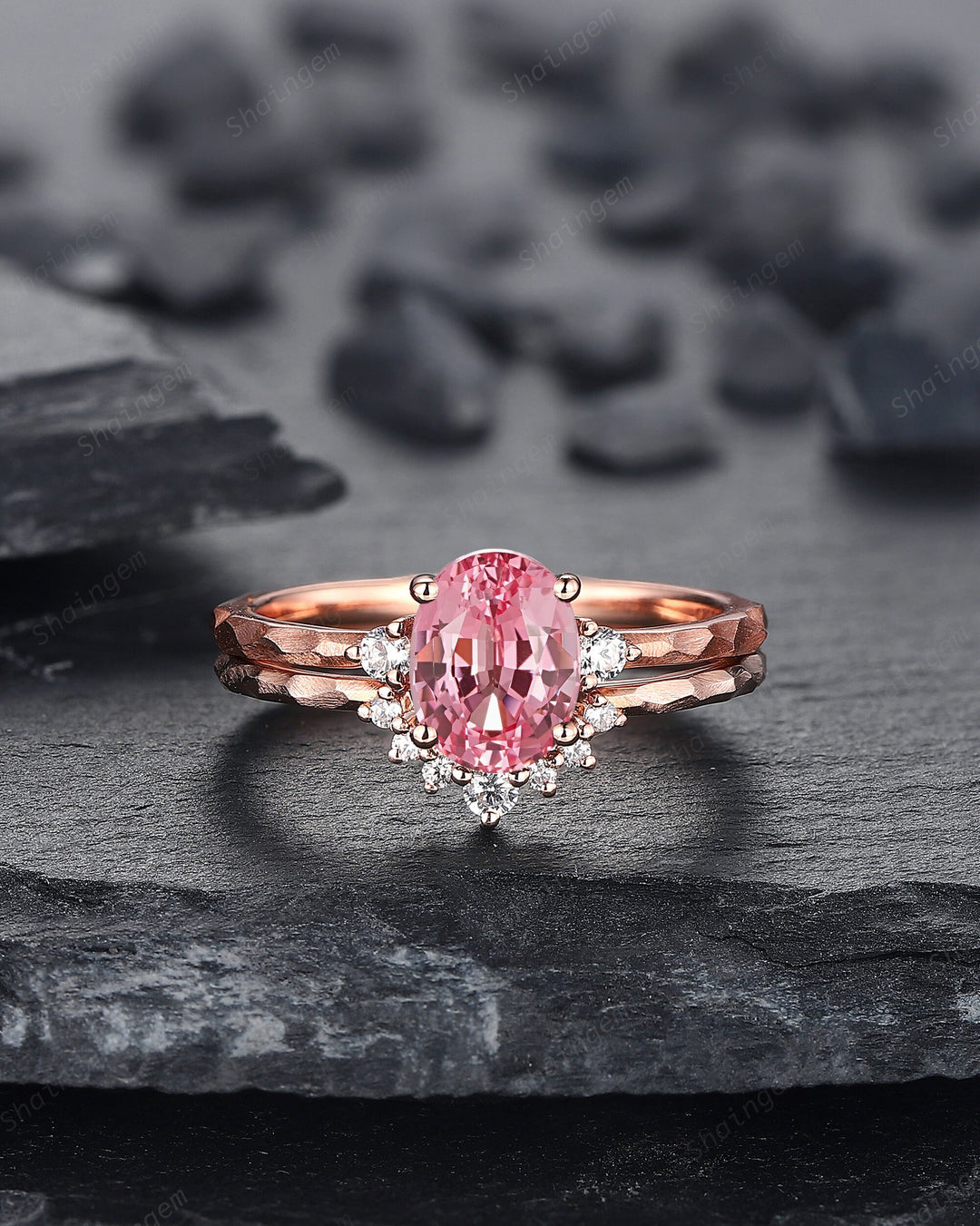 Unique Hammered Pink Sapphire Diamond Engagement Ring Set, Hand Forged 14K 18K Rose Gold Oval Shape Sapphire Bridal Set Promise Ring Gift - ShainJewelry