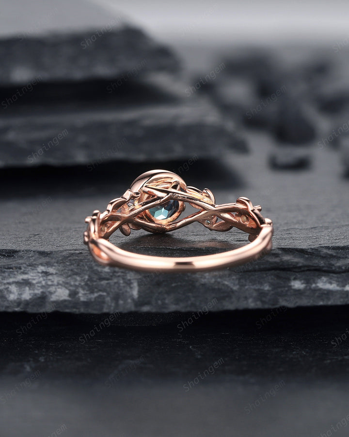Alexandrite Engagement Ring, Unique Crescent 14k Rose Gold Promise Ring, Vintage Moon and Star Ring, Twig Branch Wedding Ring Gift for Women - ShainJewelry