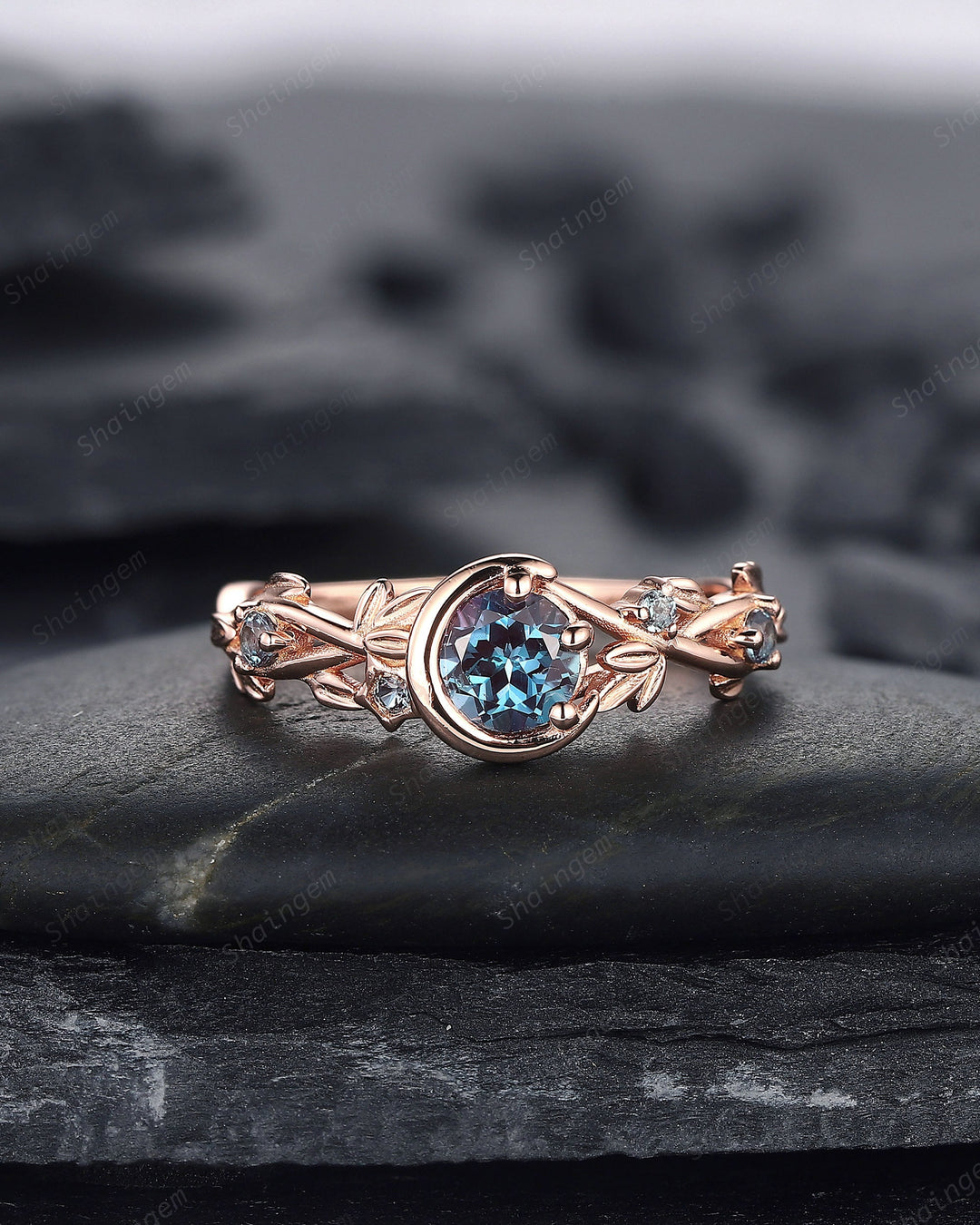 Alexandrite Engagement Ring, Unique Crescent 14k Rose Gold Promise Ring, Vintage Moon and Star Ring, Twig Branch Wedding Ring Gift for Women - ShainJewelry