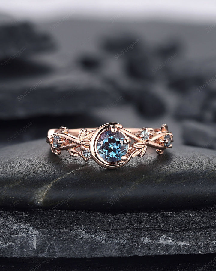 Alexandrite Engagement Ring, Unique Crescent 14k Rose Gold Promise Ring, Vintage Moon and Star Ring, Twig Branch Wedding Ring Gift for Women - ShainJewelry