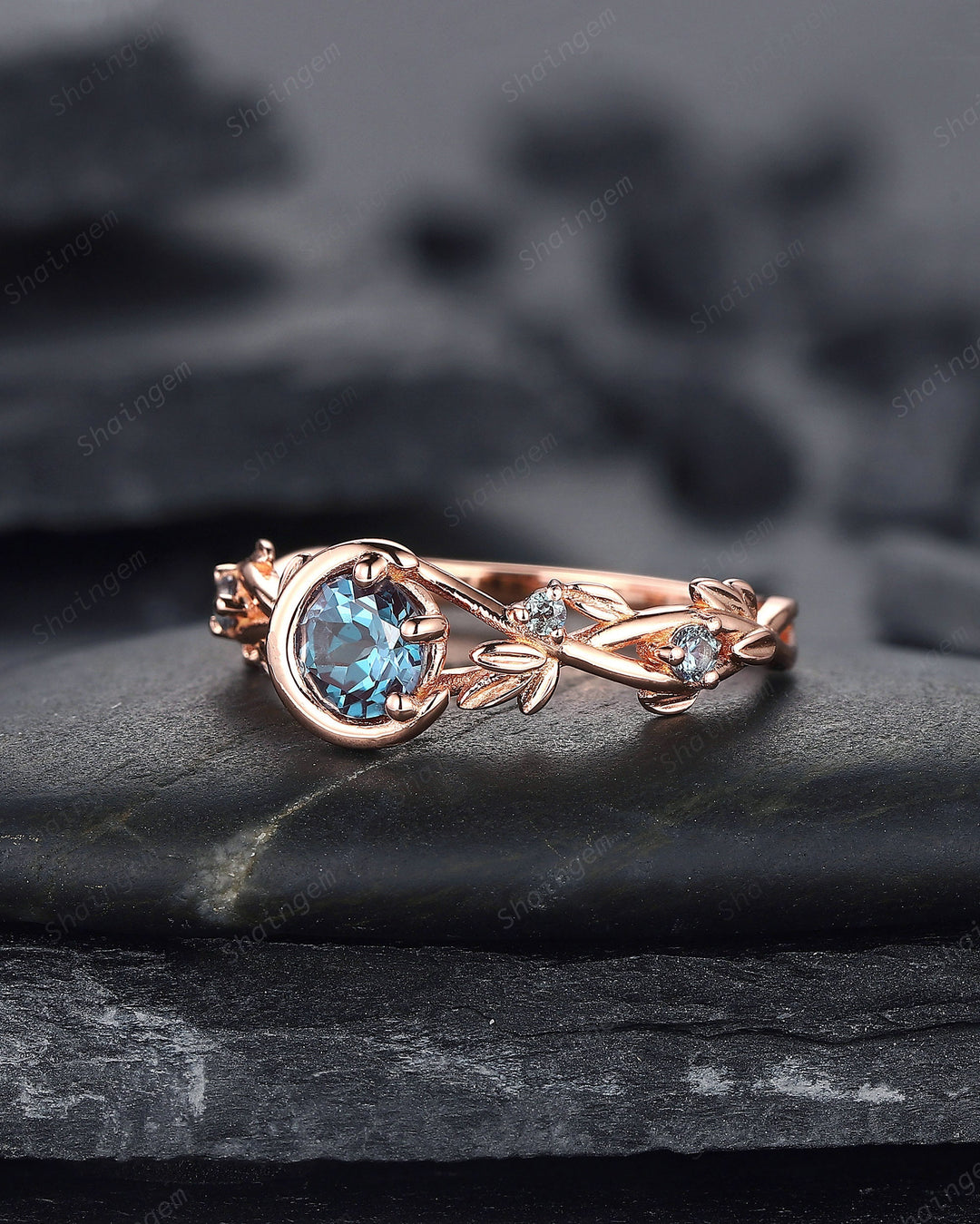 Alexandrite Engagement Ring, Unique Crescent 14k Rose Gold Promise Ring, Vintage Moon and Star Ring, Twig Branch Wedding Ring Gift for Women - ShainJewelry