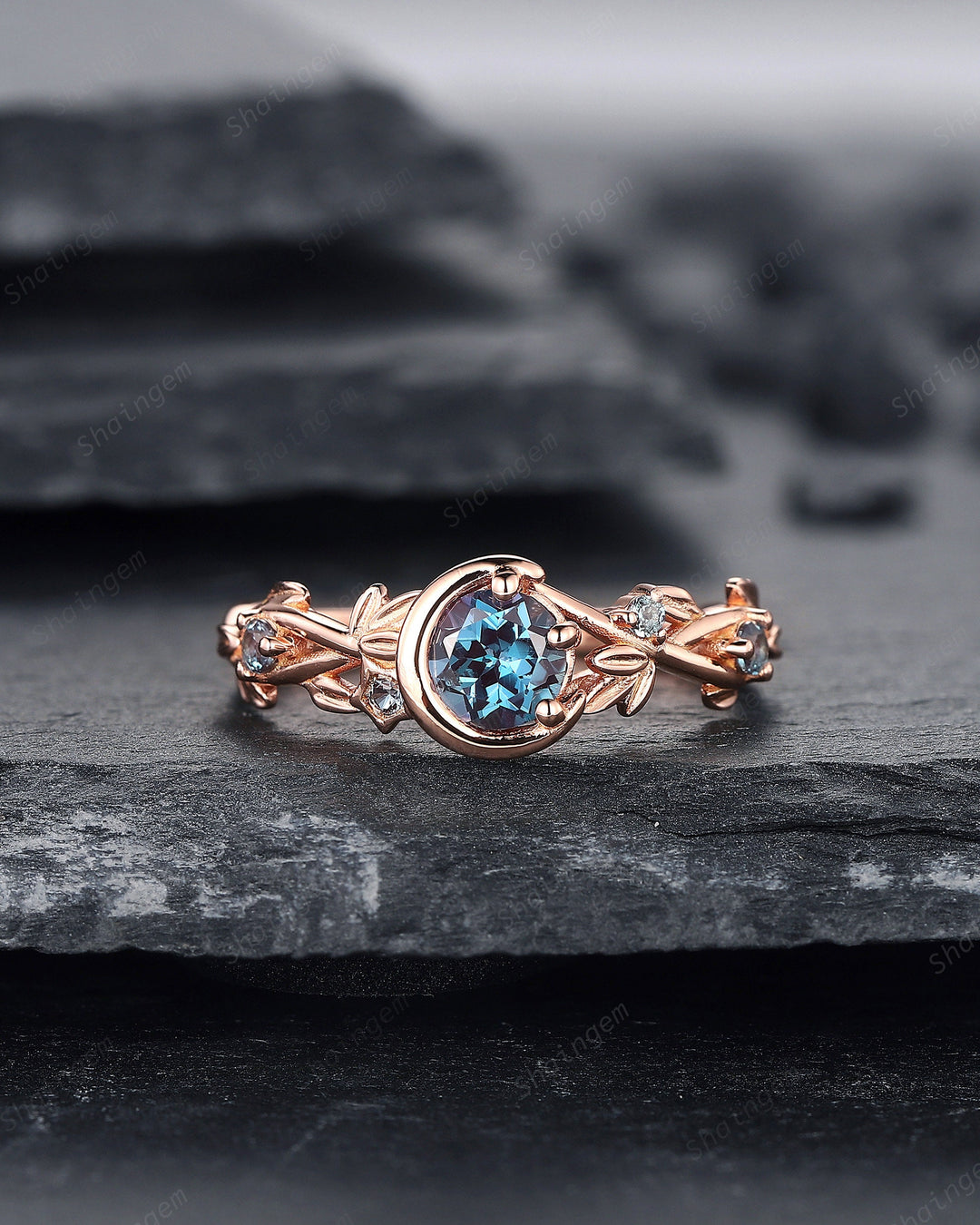 Alexandrite Engagement Ring, Unique Crescent 14k Rose Gold Promise Ring, Vintage Moon and Star Ring, Twig Branch Wedding Ring Gift for Women - ShainJewelry