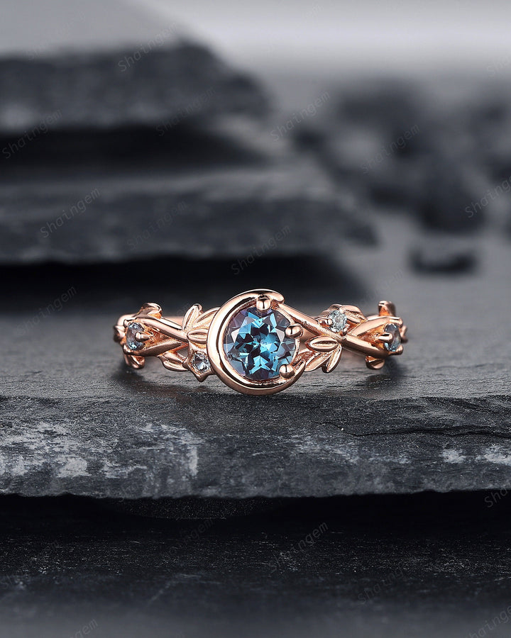 Alexandrite Engagement Ring, Unique Crescent 14k Rose Gold Promise Ring, Vintage Moon and Star Ring, Twig Branch Wedding Ring Gift for Women - ShainJewelry