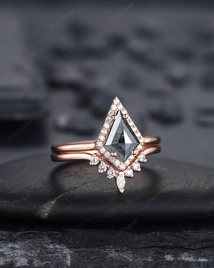 Salt and Pepper Diamond Engagement Ring Set, 14K Rose Gold Kite Cut Natural Black Diamond Halo Promise Ring, Gray Diamond Wedding Ring Gift - ShainJewelry