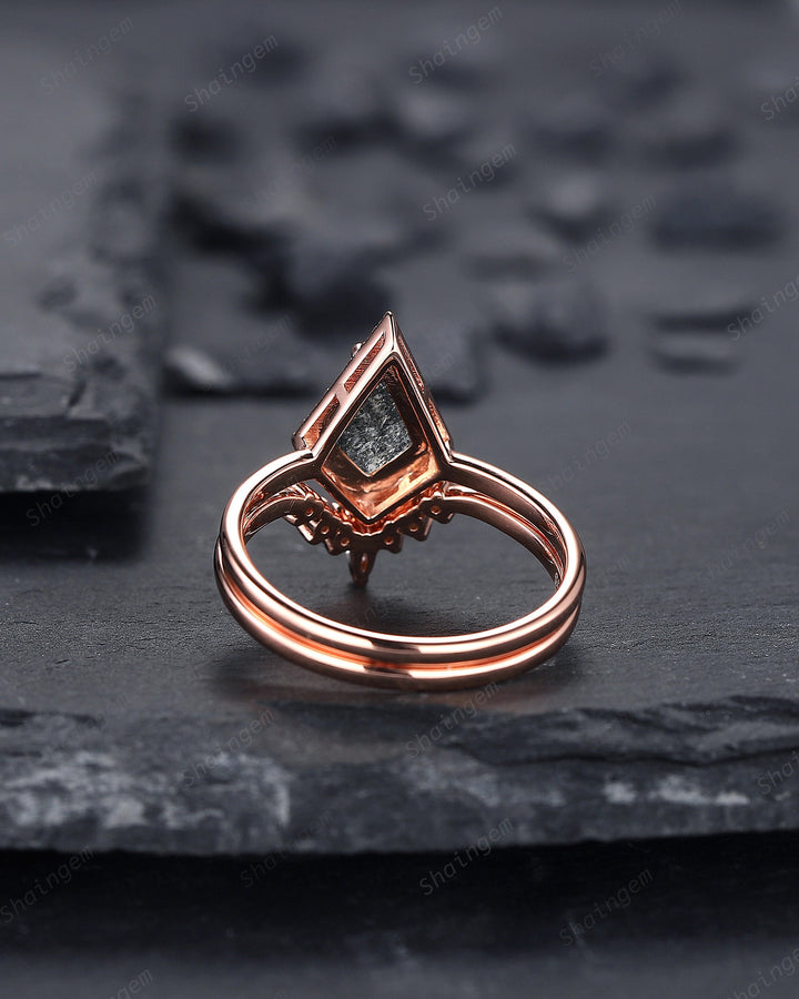 Salt and Pepper Diamond Engagement Ring Set, 14K Rose Gold Kite Cut Natural Black Diamond Halo Promise Ring, Gray Diamond Wedding Ring Gift - ShainJewelry
