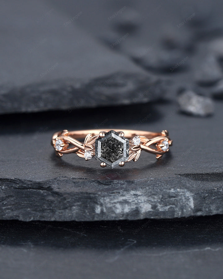 Hexagon Salt and Pepper Diamond Engagement Ring, Unique 14K 18K Rose Gold Natural Diamond Promise Ring, Twig Gray Diamond Wedding Ring Gift - ShainJewelry