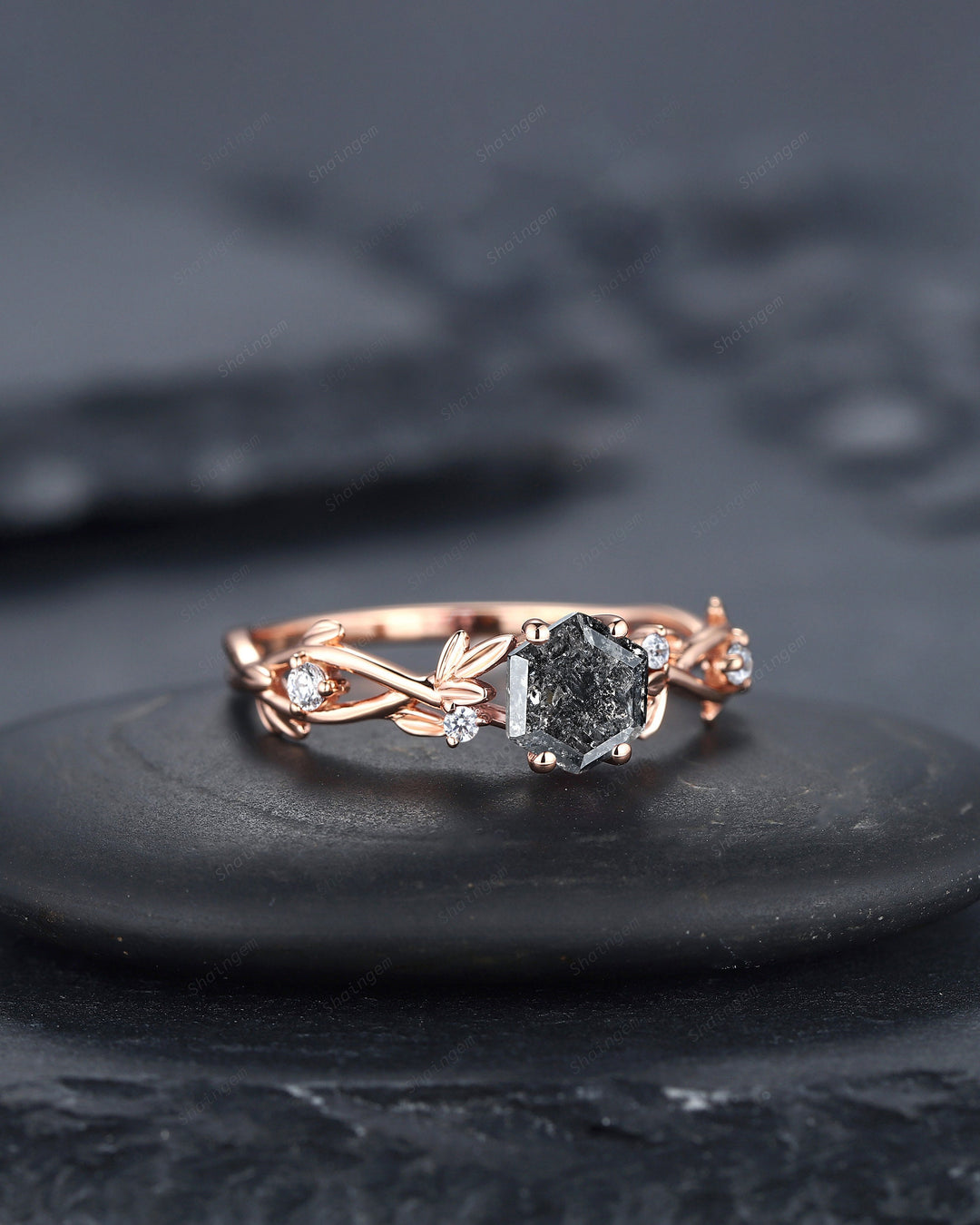 Hexagon Salt and Pepper Diamond Engagement Ring, Unique 14K 18K Rose Gold Natural Diamond Promise Ring, Twig Gray Diamond Wedding Ring Gift - ShainJewelry