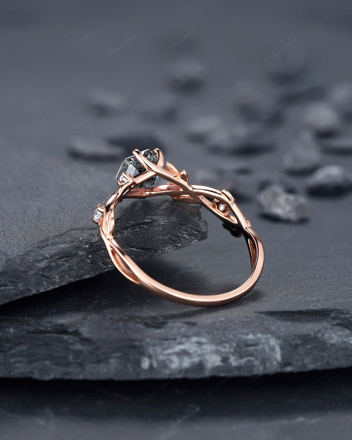 Hexagon Salt and Pepper Diamond Engagement Ring, Unique 14K 18K Rose Gold Natural Diamond Promise Ring, Twig Gray Diamond Wedding Ring Gift - ShainJewelry