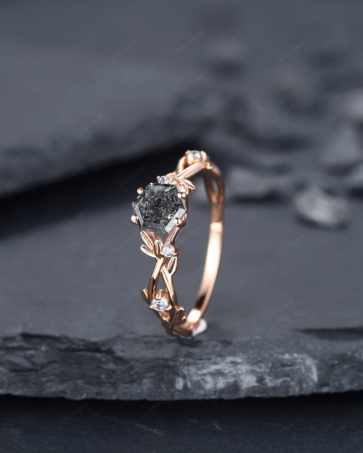 Hexagon Salt and Pepper Diamond Engagement Ring, Unique 14K 18K Rose Gold Natural Diamond Promise Ring, Twig Gray Diamond Wedding Ring Gift - ShainJewelry