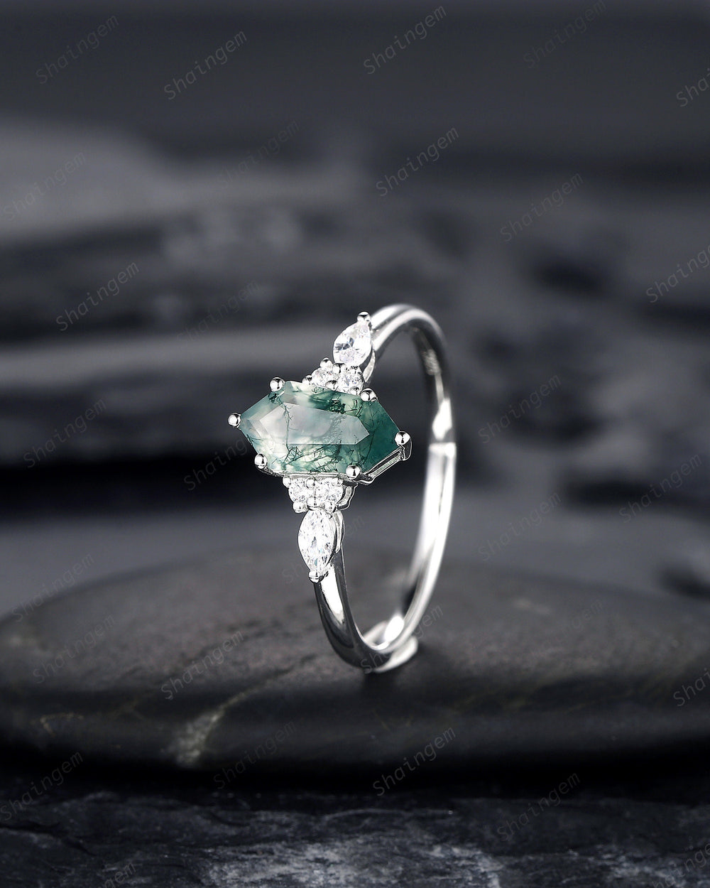 Platinum Shield Cut Moss Agate Engagement Ring, White Gold Hexagon Cut Moss Agate Promise Ring, Silver Wedding Ring Anniversary Gift for her - ShainJewelry