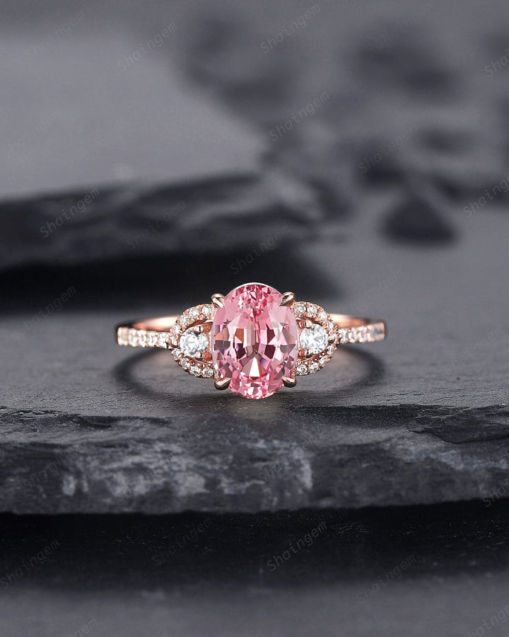 Platinum Oval Shape Pink Sapphire and Diamond Engagement Ring, Vintage 14K 18K Rose Gold Sapphire Wedding Ring Promise Ring Anniversary Gift - ShainJewelry