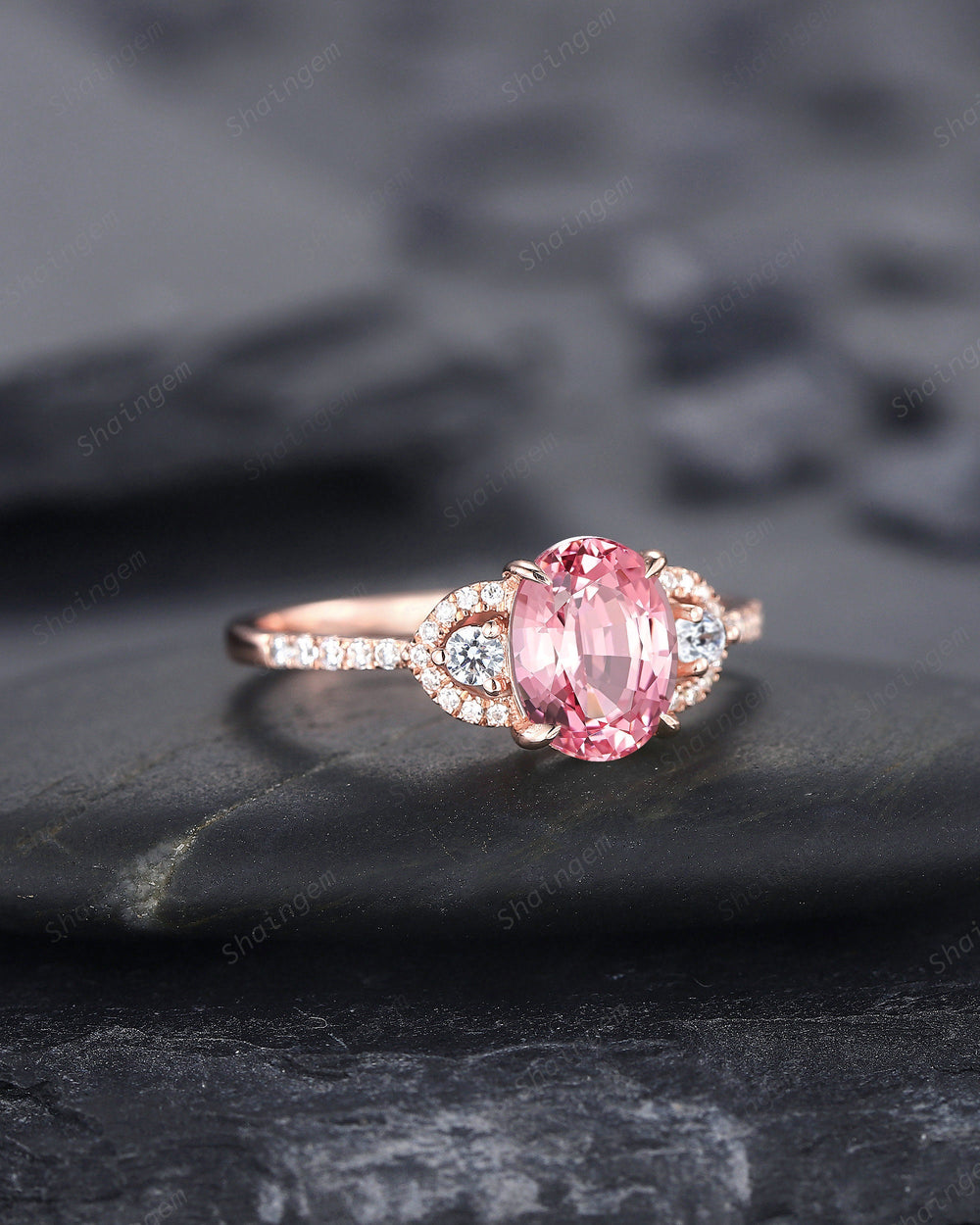 Platinum Oval Shape Pink Sapphire and Diamond Engagement Ring, Vintage 14K 18K Rose Gold Sapphire Wedding Ring Promise Ring Anniversary Gift - ShainJewelry