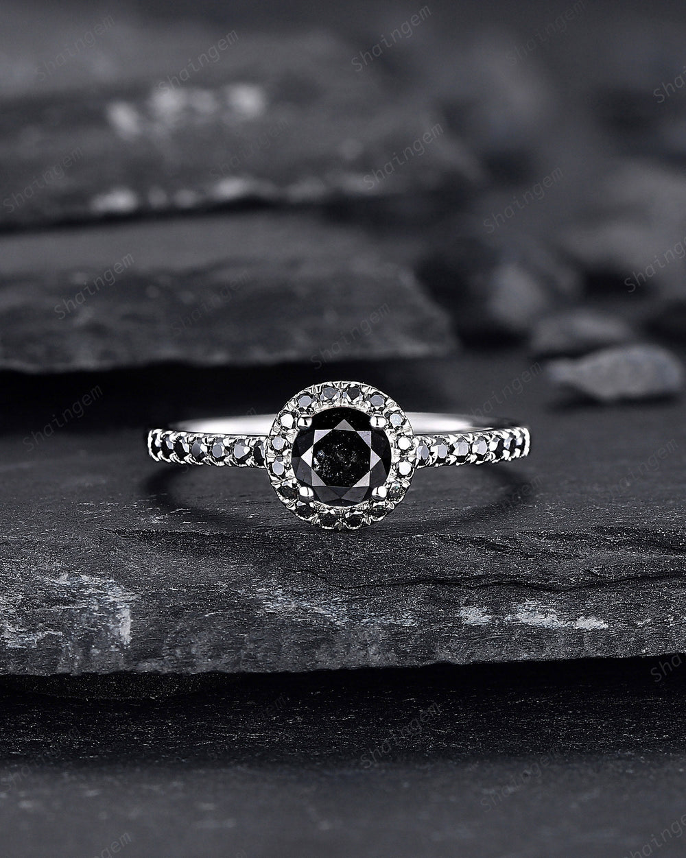 Platinum Natural Black Diamond Engagement Ring ,14K White Gold 0.5 CT Round Shape Diamond Halo Promise Ring, Half Eternity Wedding Ring Gift - ShainJewelry