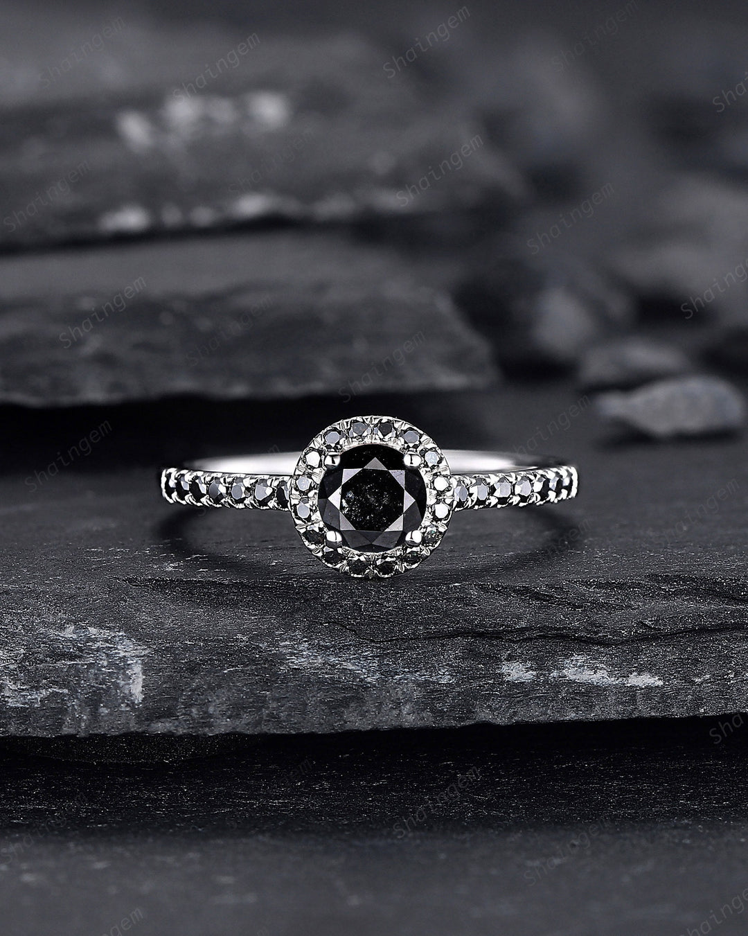 Platinum Natural Black Diamond Engagement Ring ,14K White Gold 0.5 CT Round Shape Diamond Halo Promise Ring, Half Eternity Wedding Ring Gift - ShainJewelry