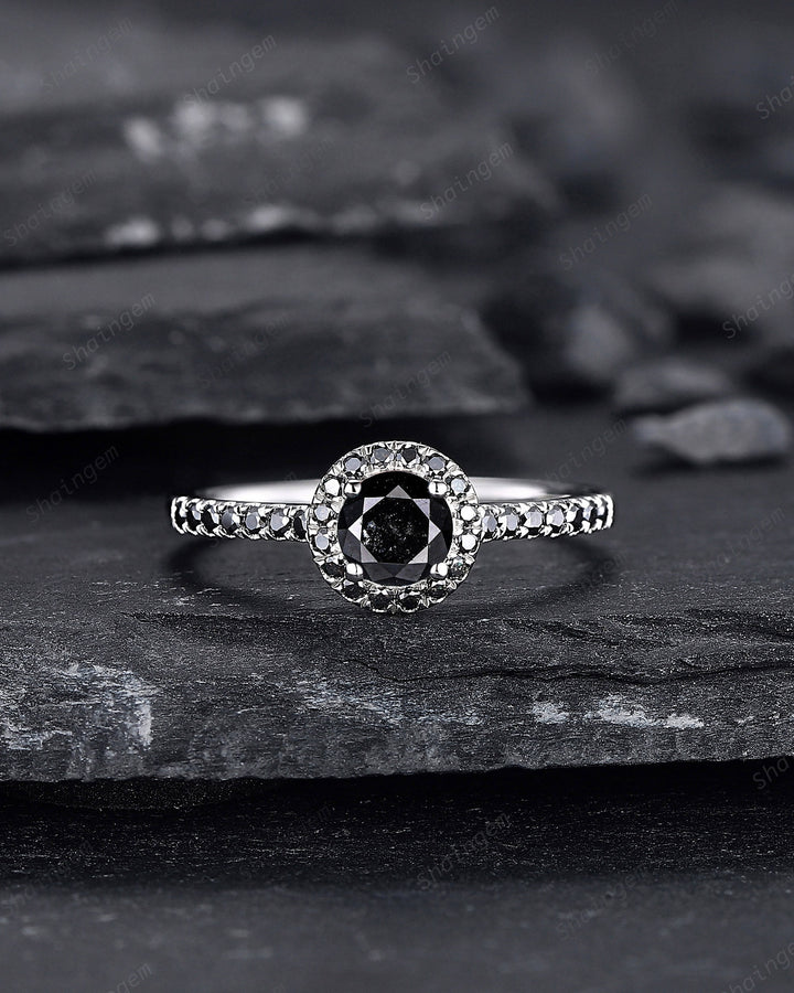 Platinum Natural Black Diamond Engagement Ring ,14K White Gold 0.5 CT Round Shape Diamond Halo Promise Ring, Half Eternity Wedding Ring Gift - ShainJewelry