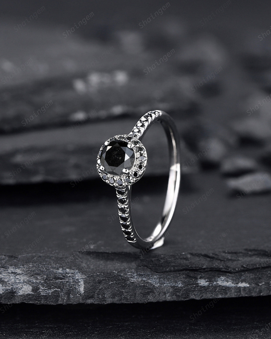 Platinum Natural Black Diamond Engagement Ring ,14K White Gold 0.5 CT Round Shape Diamond Halo Promise Ring, Half Eternity Wedding Ring Gift - ShainJewelry