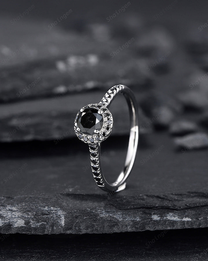 Platinum Natural Black Diamond Engagement Ring ,14K White Gold 0.5 CT Round Shape Diamond Halo Promise Ring, Half Eternity Wedding Ring Gift - ShainJewelry
