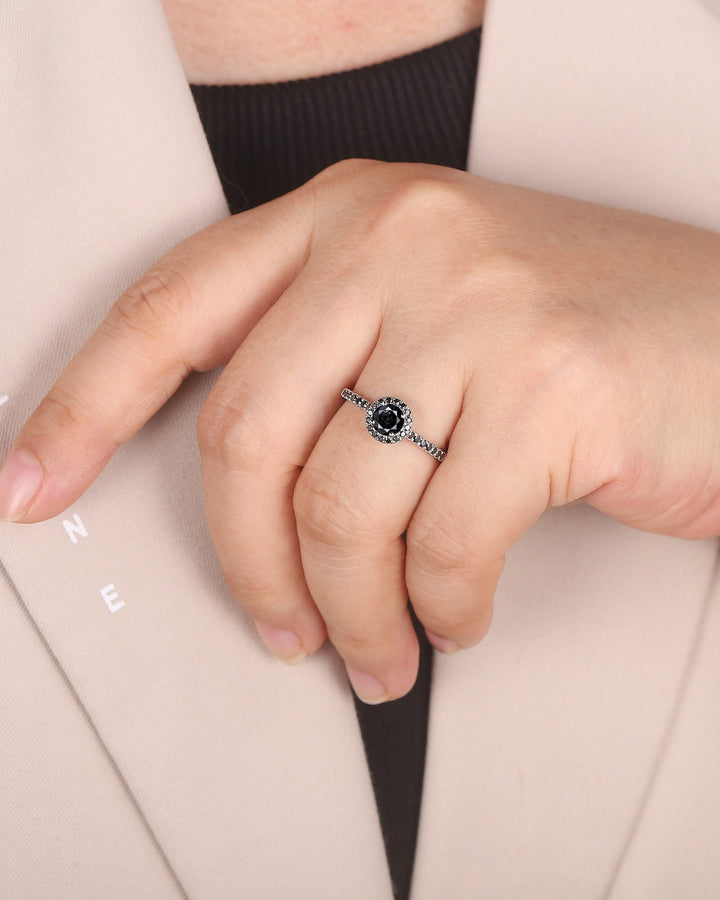 Platinum Natural Black Diamond Engagement Ring ,14K White Gold 0.5 CT Round Shape Diamond Halo Promise Ring, Half Eternity Wedding Ring Gift - ShainJewelry