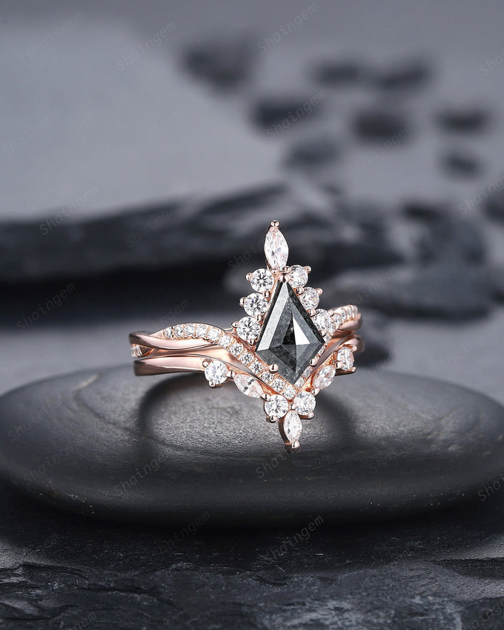 Salt and Pepper Diamond Engagement Ring Set, 18K Rose Gold Kite Cut Natural Black Diamond Halo Promise Ring, Gray Diamond Wedding Ring Gift - ShainJewelry