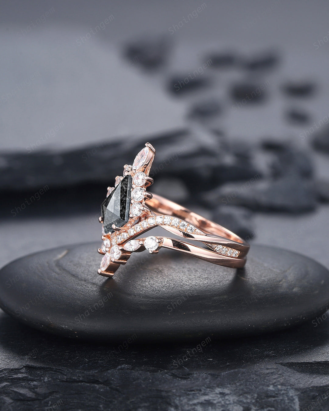 Salt and Pepper Diamond Engagement Ring Set, 18K Rose Gold Kite Cut Natural Black Diamond Halo Promise Ring, Gray Diamond Wedding Ring Gift - ShainJewelry