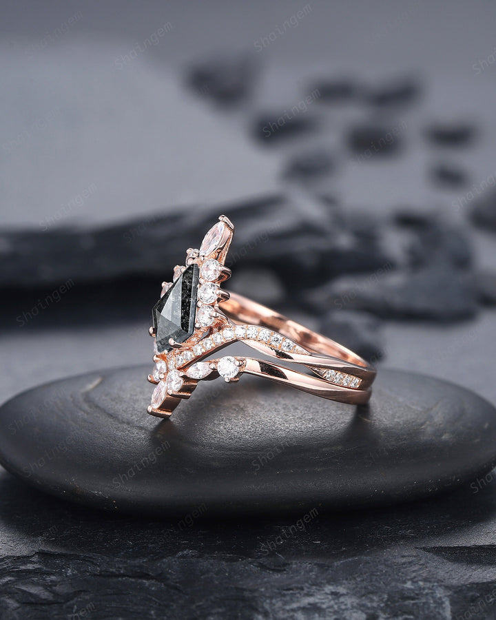 Salt and Pepper Diamond Engagement Ring Set, 18K Rose Gold Kite Cut Natural Black Diamond Halo Promise Ring, Gray Diamond Wedding Ring Gift - ShainJewelry