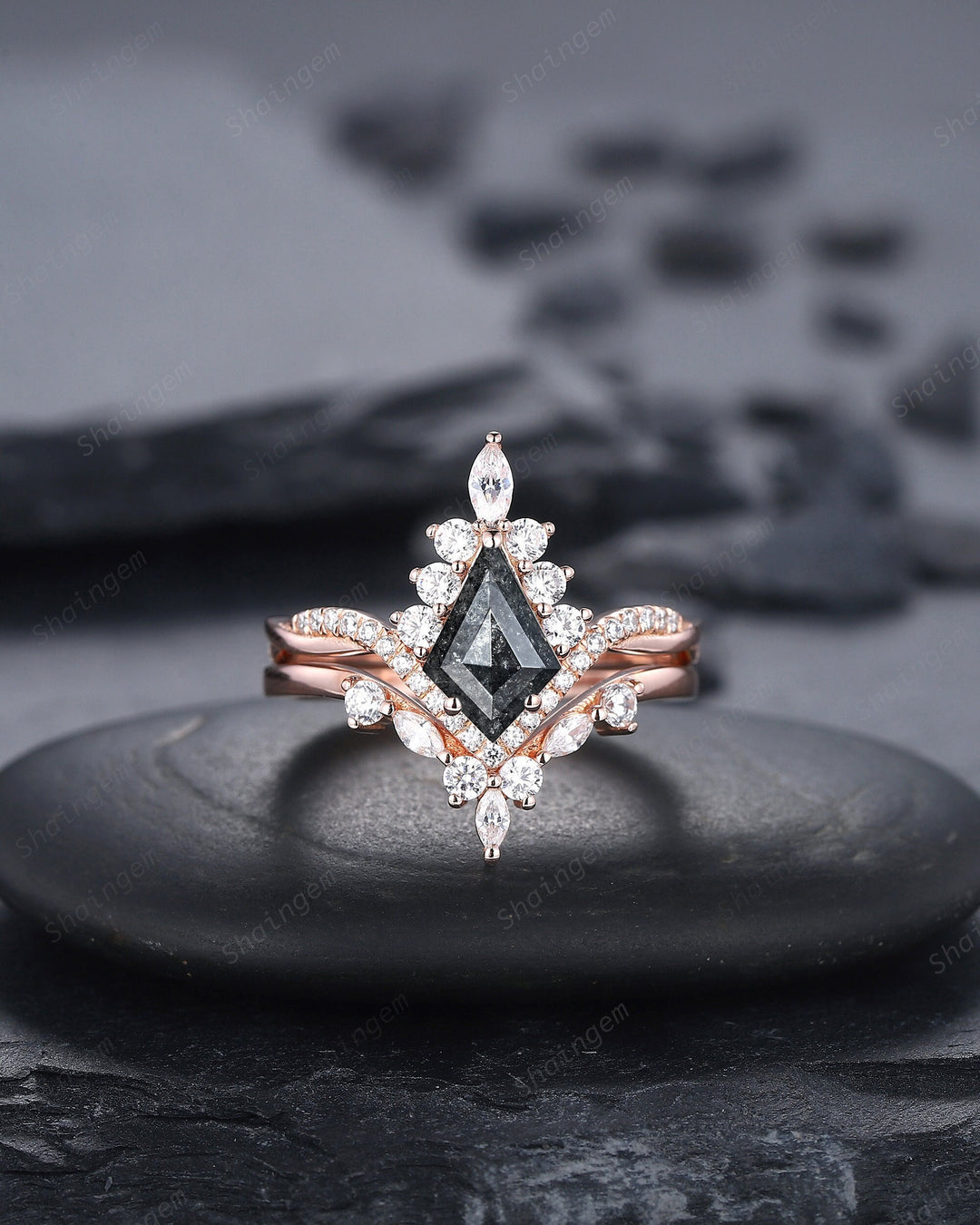 Salt and Pepper Diamond Engagement Ring Set, 18K Rose Gold Kite Cut Natural Black Diamond Halo Promise Ring, Gray Diamond Wedding Ring Gift - ShainJewelry