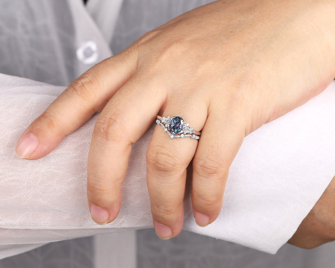 Oval Shape Floral Alexandrite Bridal Set, Solid White Gold Alexandrite Engagement Ring, Nature Inspired Promise Anniversary Ring Gift - ShainJewelry