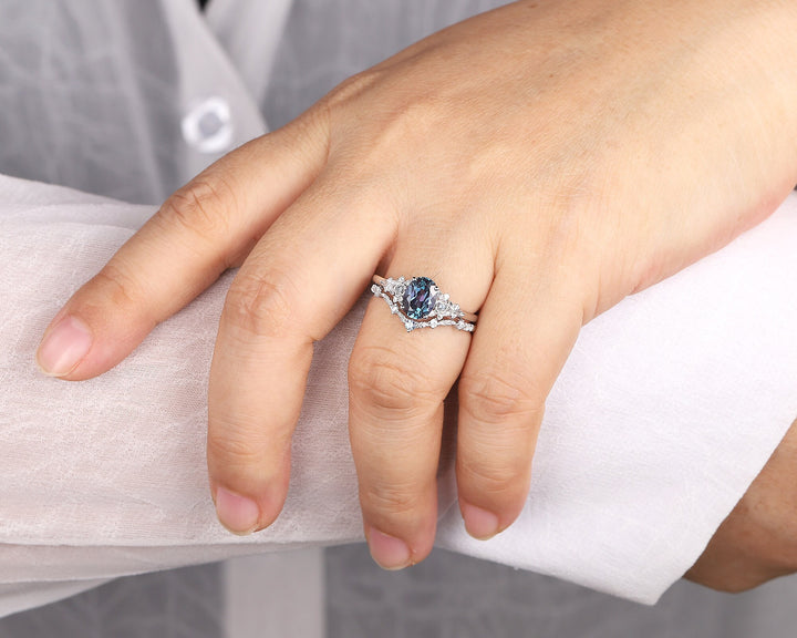 Oval Shape Floral Alexandrite Bridal Set, Solid White Gold Alexandrite Engagement Ring, Nature Inspired Promise Anniversary Ring Gift - ShainJewelry