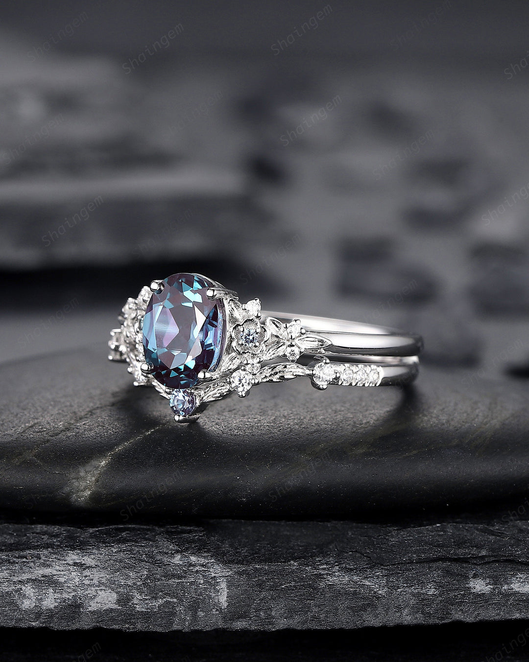 Oval Shape Floral Alexandrite Bridal Set, Solid White Gold Alexandrite Engagement Ring, Nature Inspired Promise Anniversary Ring Gift - ShainJewelry