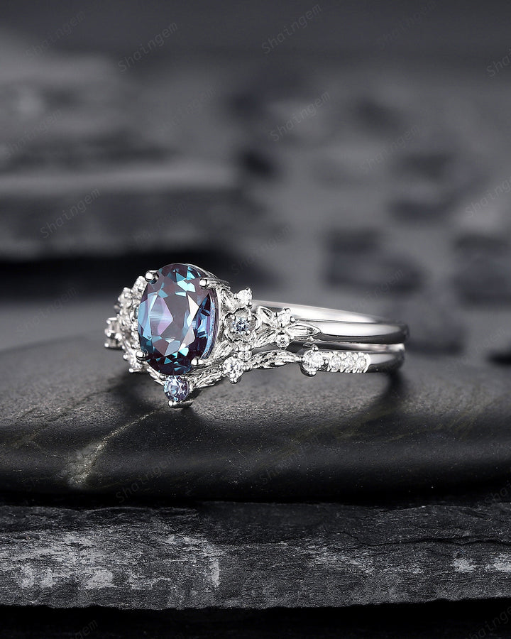Oval Shape Floral Alexandrite Bridal Set, Solid White Gold Alexandrite Engagement Ring, Nature Inspired Promise Anniversary Ring Gift - ShainJewelry