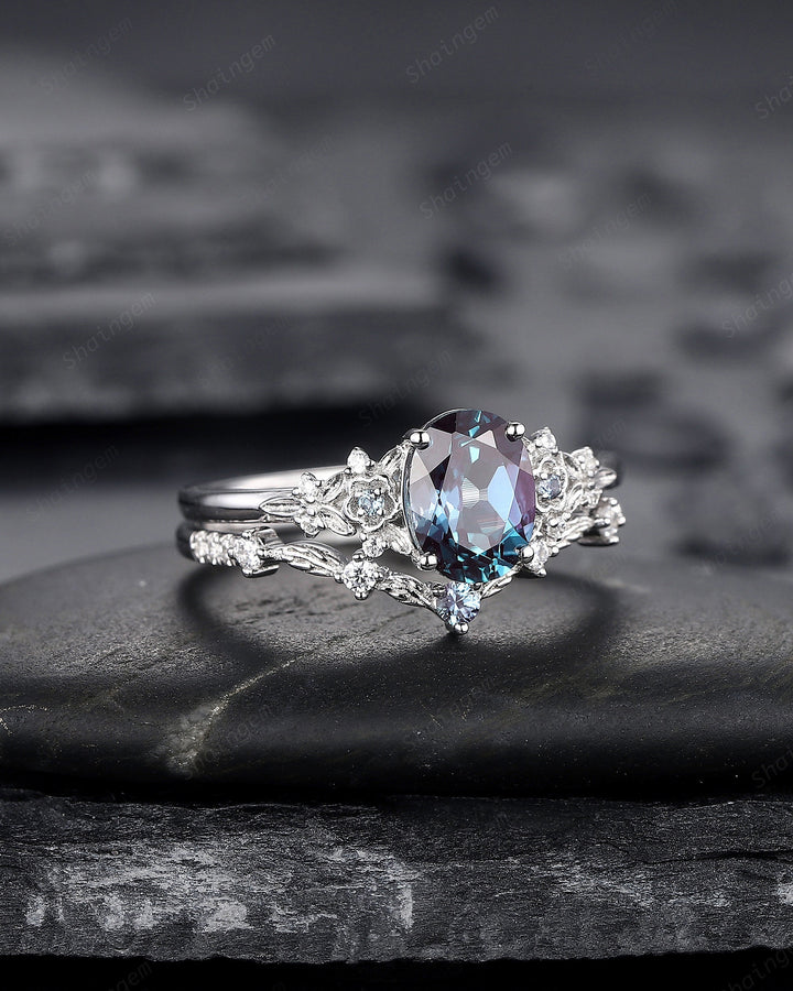Oval Shape Floral Alexandrite Bridal Set, Solid White Gold Alexandrite Engagement Ring, Nature Inspired Promise Anniversary Ring Gift - ShainJewelry