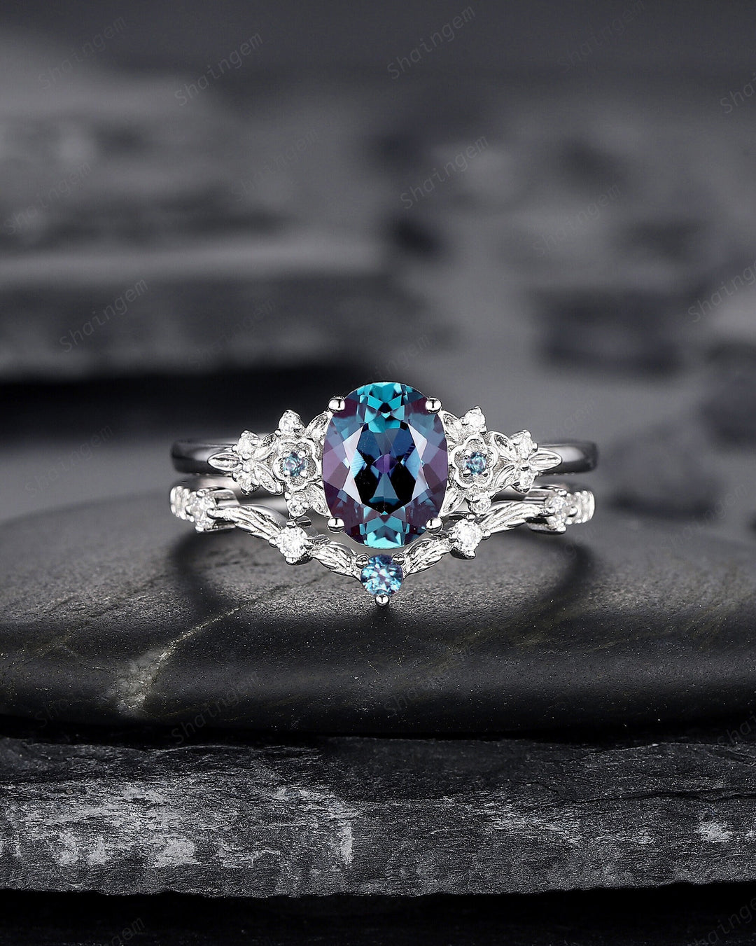 Oval Shape Floral Alexandrite Bridal Set, Solid White Gold Alexandrite Engagement Ring, Nature Inspired Promise Anniversary Ring Gift - ShainJewelry