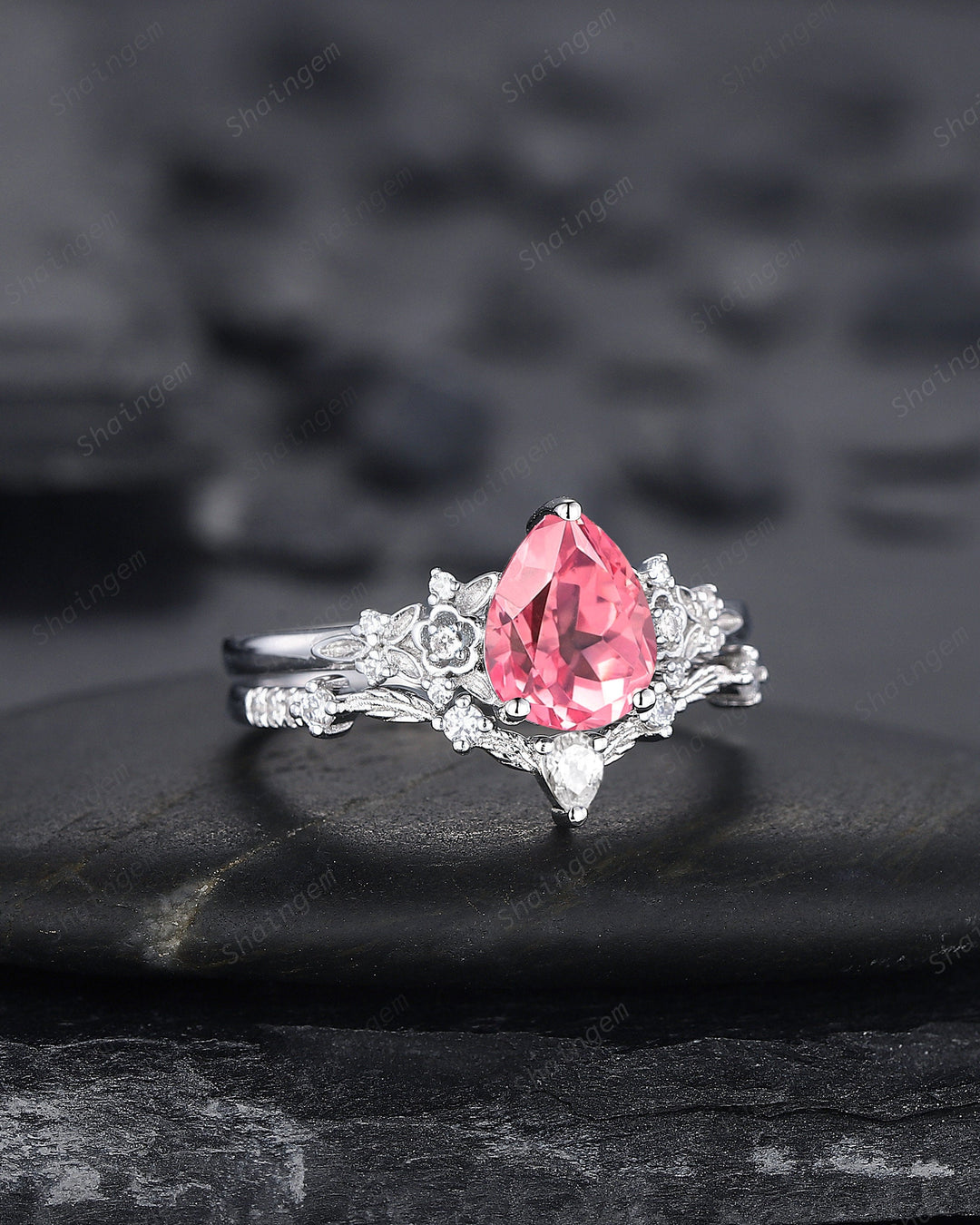 Platinum Pear Shape Padparadscha Pink Sapphire Floral Engagement Ring, White Gold Pink Sapphire Wedding Set Nature Inspired Promise Ring - ShainJewelry