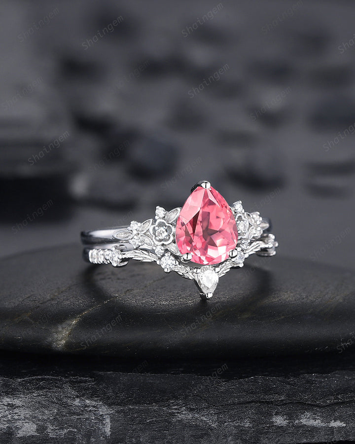 Platinum Pear Shape Padparadscha Pink Sapphire Floral Engagement Ring, White Gold Pink Sapphire Wedding Set Nature Inspired Promise Ring - ShainJewelry
