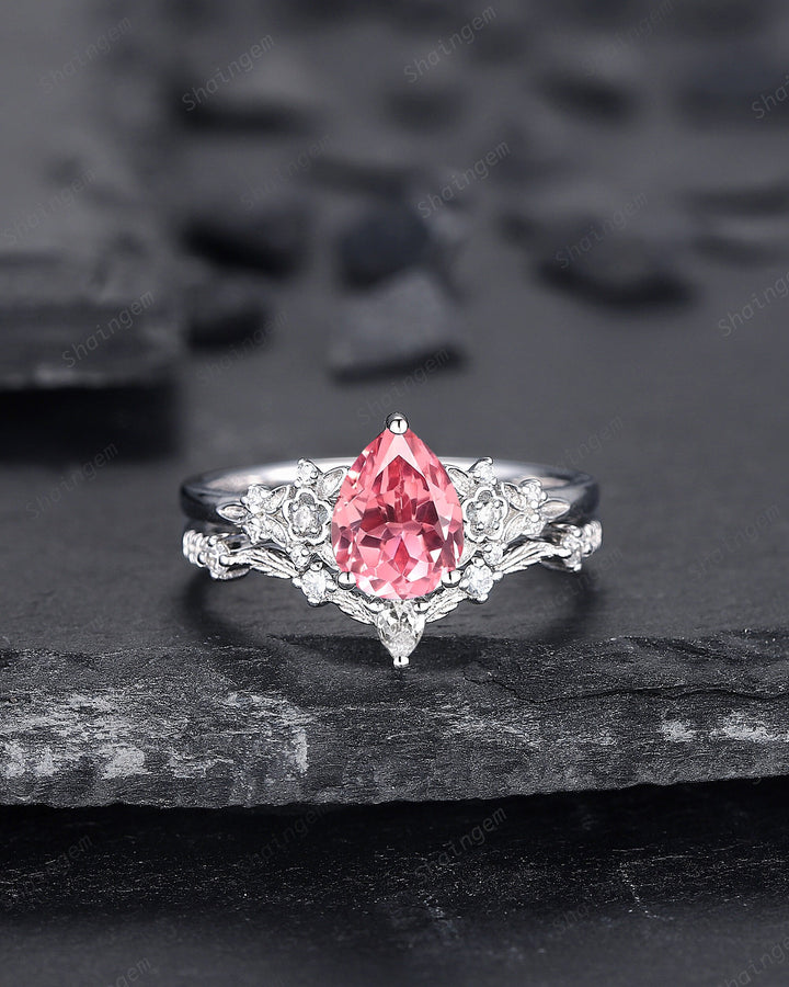 Platinum Pear Shape Padparadscha Pink Sapphire Floral Engagement Ring, White Gold Pink Sapphire Wedding Set Nature Inspired Promise Ring - ShainJewelry