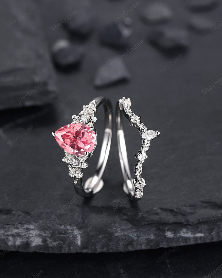 Platinum Pear Shape Padparadscha Pink Sapphire Floral Engagement Ring, White Gold Pink Sapphire Wedding Set Nature Inspired Promise Ring - ShainJewelry