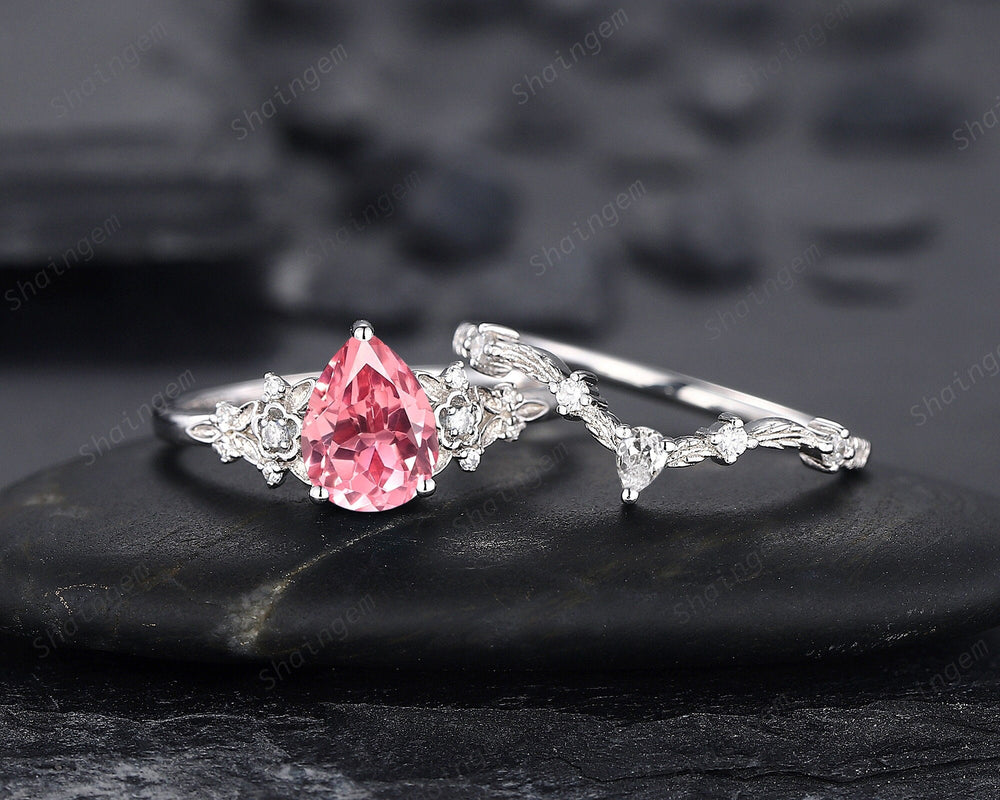 Platinum Pear Shape Padparadscha Pink Sapphire Floral Engagement Ring, White Gold Pink Sapphire Wedding Set Nature Inspired Promise Ring - ShainJewelry