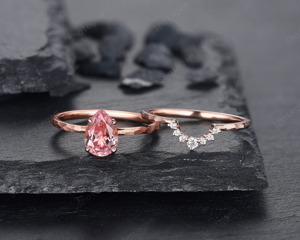 Unique Hammered Pink Sapphire and Diamond Engagement Ring Set, Hand Forged 14K 18K Rose Gold Pear Shape Sapphire Bridal Set Promise Ring - ShainJewelry