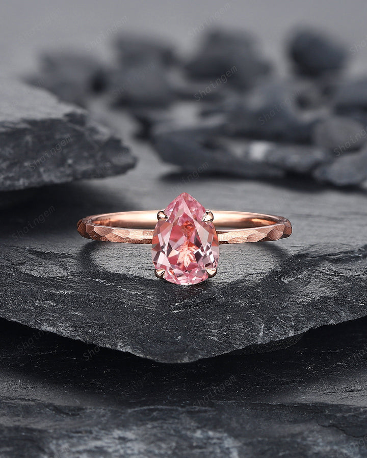 Unique Hammered Pink Sapphire and Diamond Engagement Ring Set, Hand Forged 14K 18K Rose Gold Pear Shape Sapphire Bridal Set Promise Ring - ShainJewelry