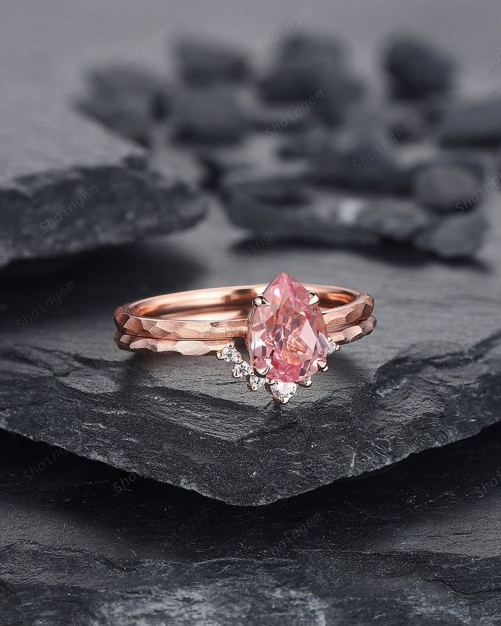 Unique Hammered Pink Sapphire and Diamond Engagement Ring Set, Hand Forged 14K 18K Rose Gold Pear Shape Sapphire Bridal Set Promise Ring - ShainJewelry