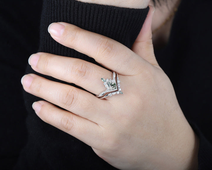 Vintage Kite Shape Moss Agate and Diamond Engagement Ring Set, V Shape White Gold Moss Agate Promise Ring Wedding Set, Bridal Set for Women - ShainJewelry