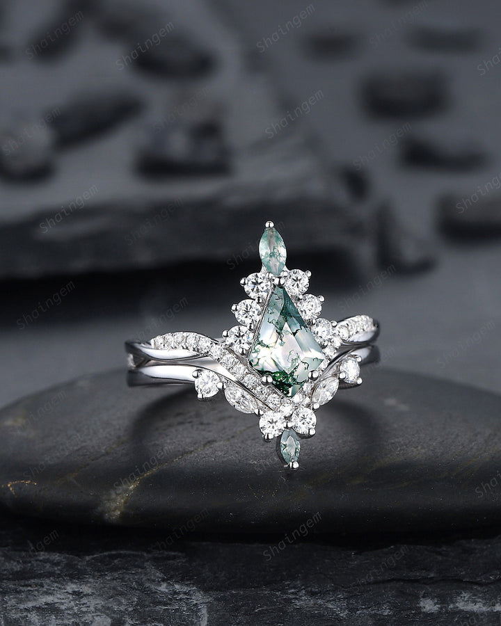 Vintage Kite Shape Moss Agate and Diamond Engagement Ring Set, V Shape White Gold Moss Agate Promise Ring Wedding Set, Bridal Set for Women - ShainJewelry