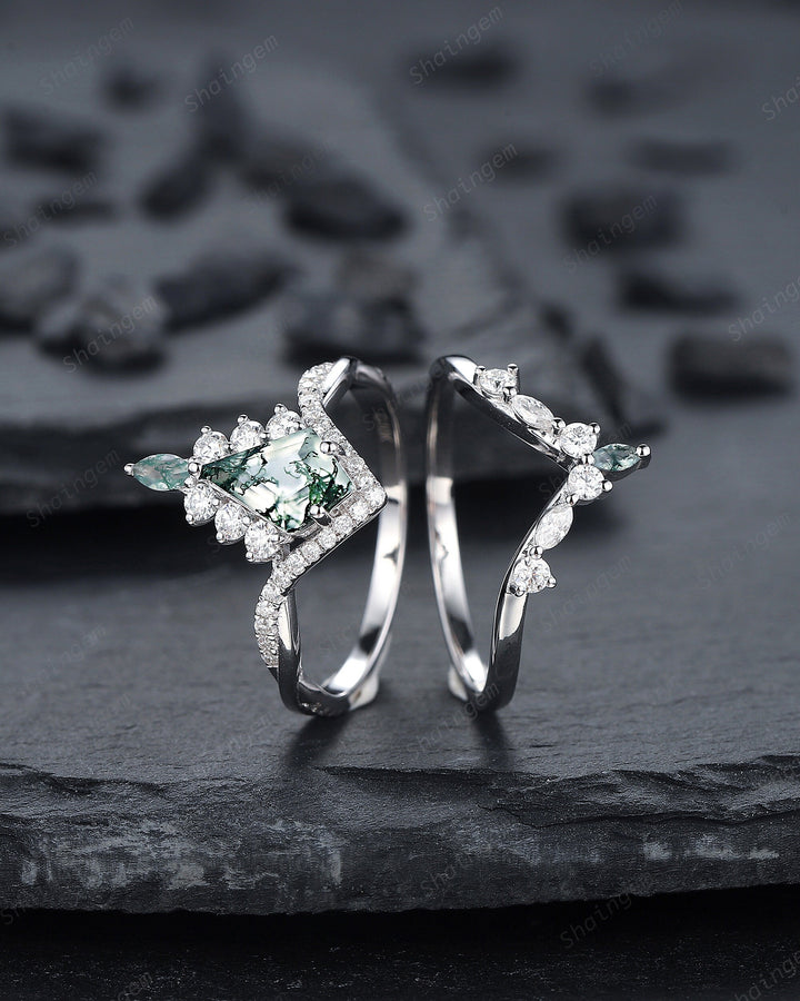 Vintage Kite Shape Moss Agate and Diamond Engagement Ring Set, V Shape White Gold Moss Agate Promise Ring Wedding Set, Bridal Set for Women - ShainJewelry