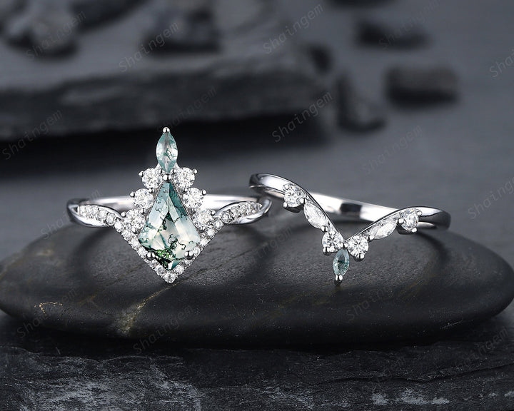 Vintage Kite Shape Moss Agate and Diamond Engagement Ring Set, V Shape White Gold Moss Agate Promise Ring Wedding Set, Bridal Set for Women - ShainJewelry