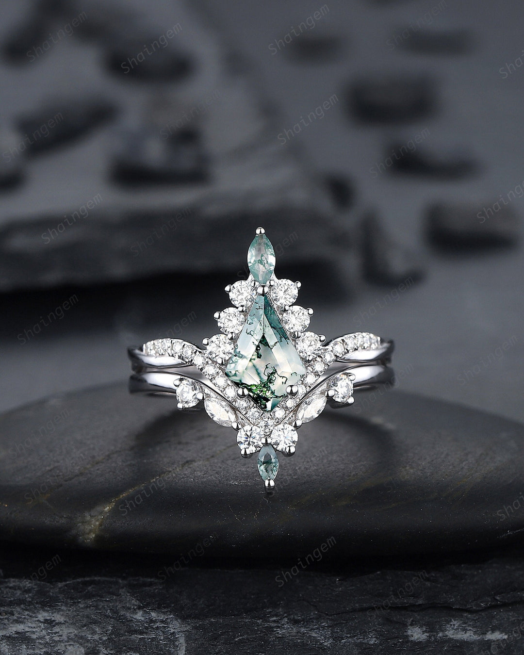 Vintage Kite Shape Moss Agate and Diamond Engagement Ring Set, V Shape White Gold Moss Agate Promise Ring Wedding Set, Bridal Set for Women - ShainJewelry