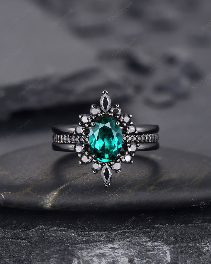 3PCS Oval Emerald Black Engagement Ring Set, Black Gold Finish Emerald Promise Ring Set, Vintage Rhodium Black Wedding Ring Gift for Her - ShainJewelry